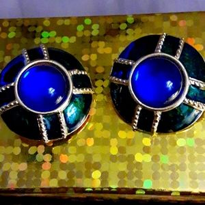 Gold tone framed Blue cabochon and enameled clip back Earrings